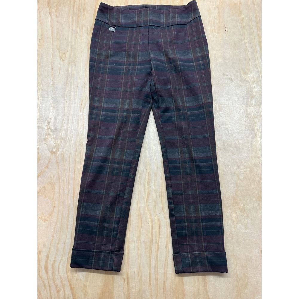 Lisette L Montreal Plaid Pull On‎ Pants Burgundy Grey Cuffed Straight Leg Womens